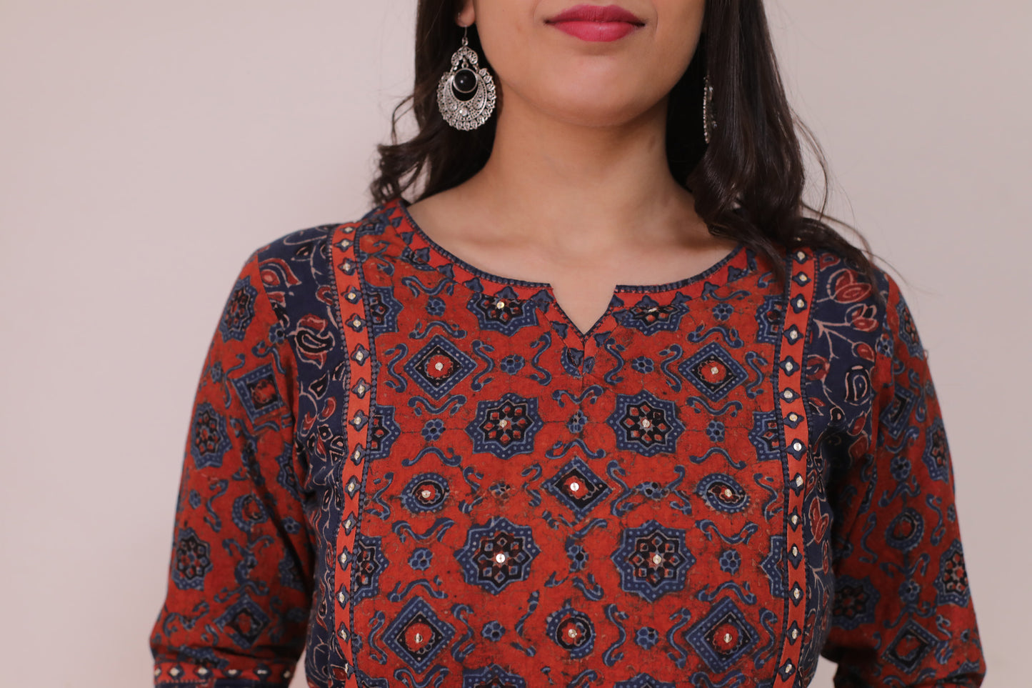 Red blue ajrakh suit with sequence embellishments