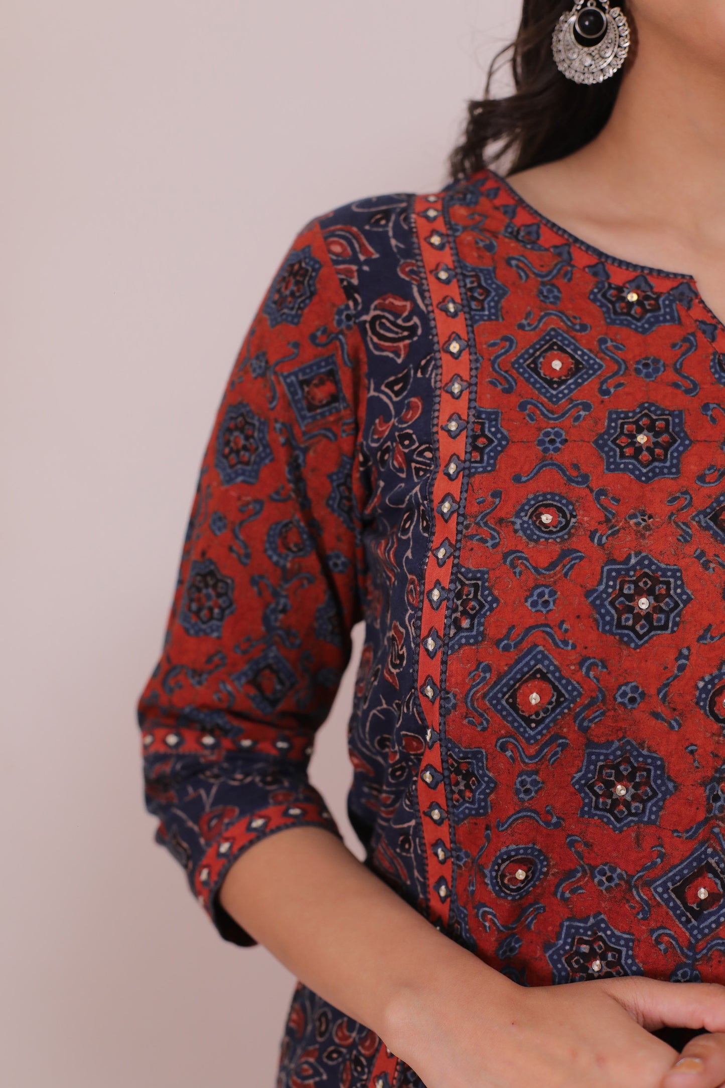 Red blue ajrakh suit with sequence embellishments