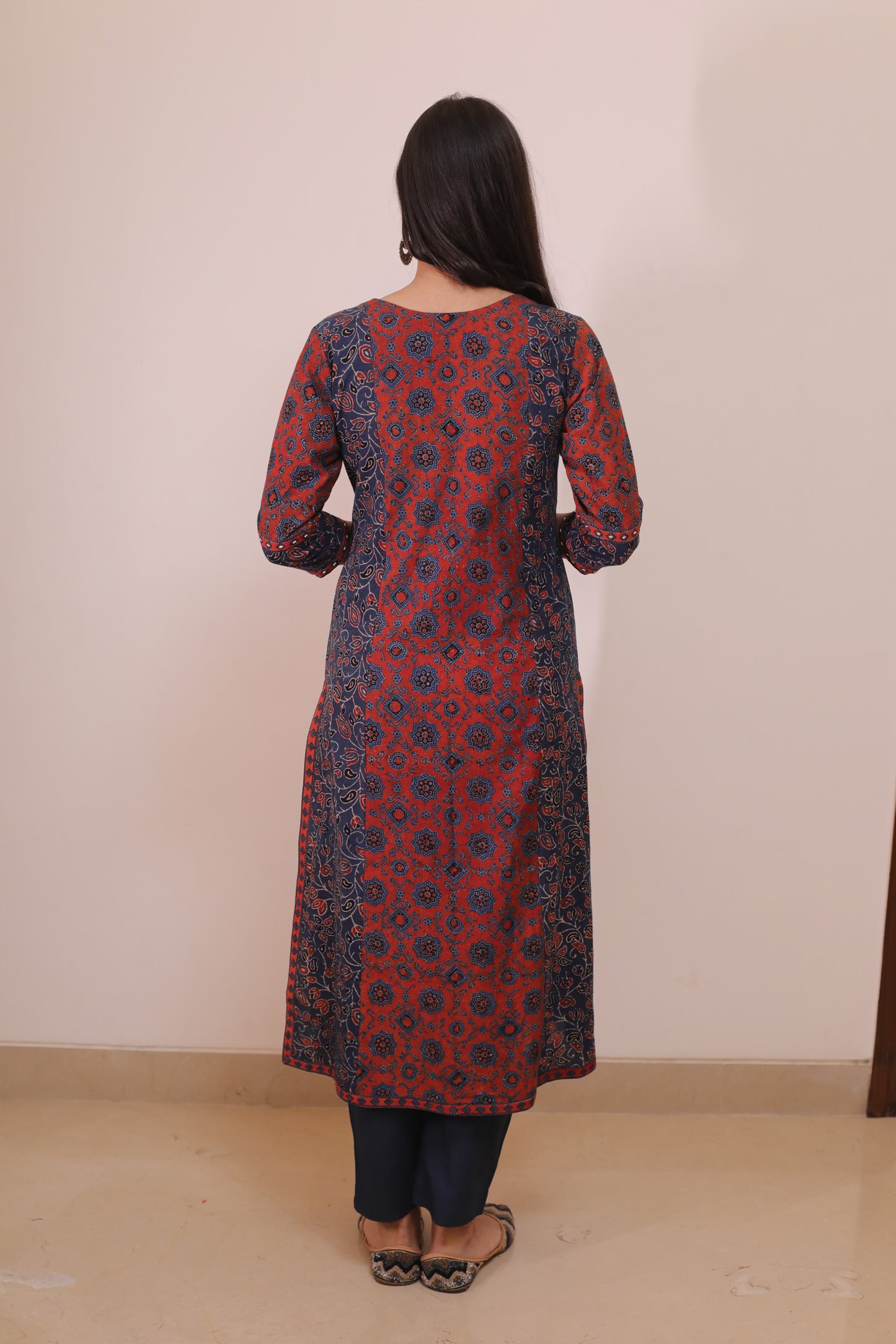 Red blue ajrakh suit with sequence embellishments