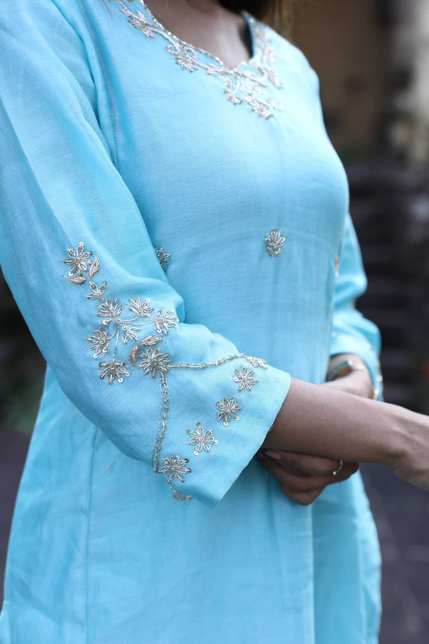 Sky blue Chanderi Zardozi suitset