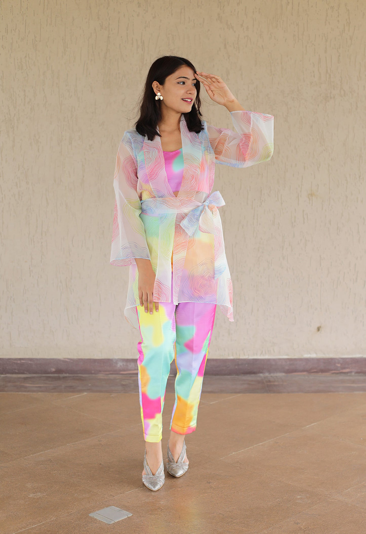 Multicolor Co-ord with Organza Shrug