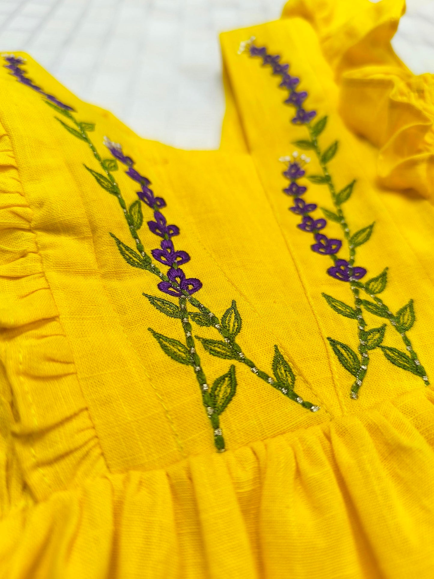 Yellow Cotton Slub Silk Thread Embroidered Dress