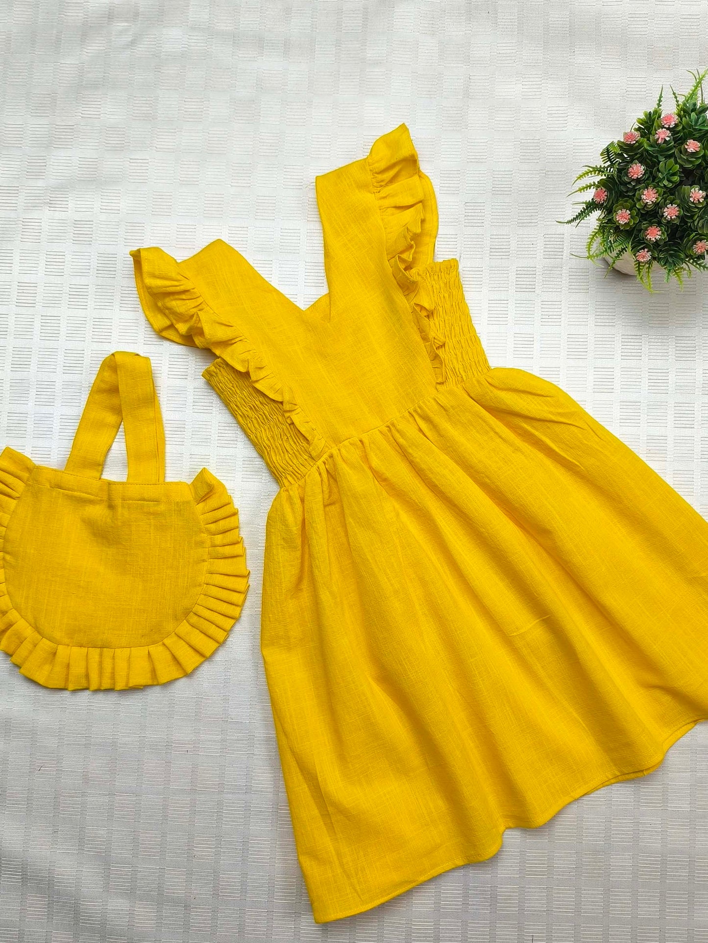 Yellow Cotton Slub Silk Thread Embroidered Dress