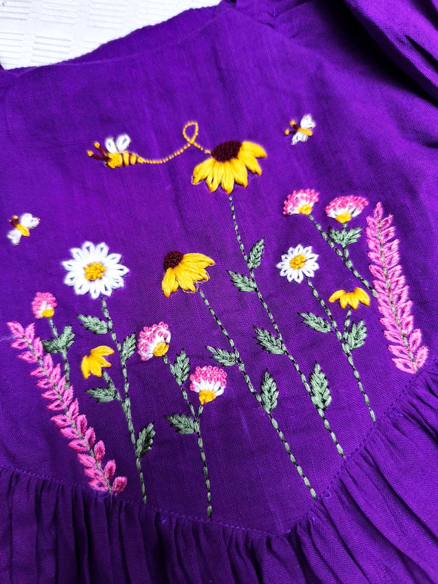 Purple Cotton slub Floral Embroidered Dress