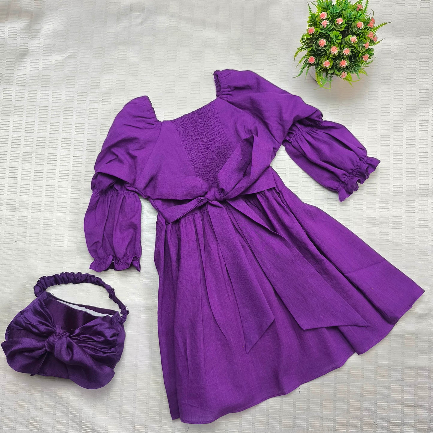 Purple Cotton slub Floral Embroidered Dress