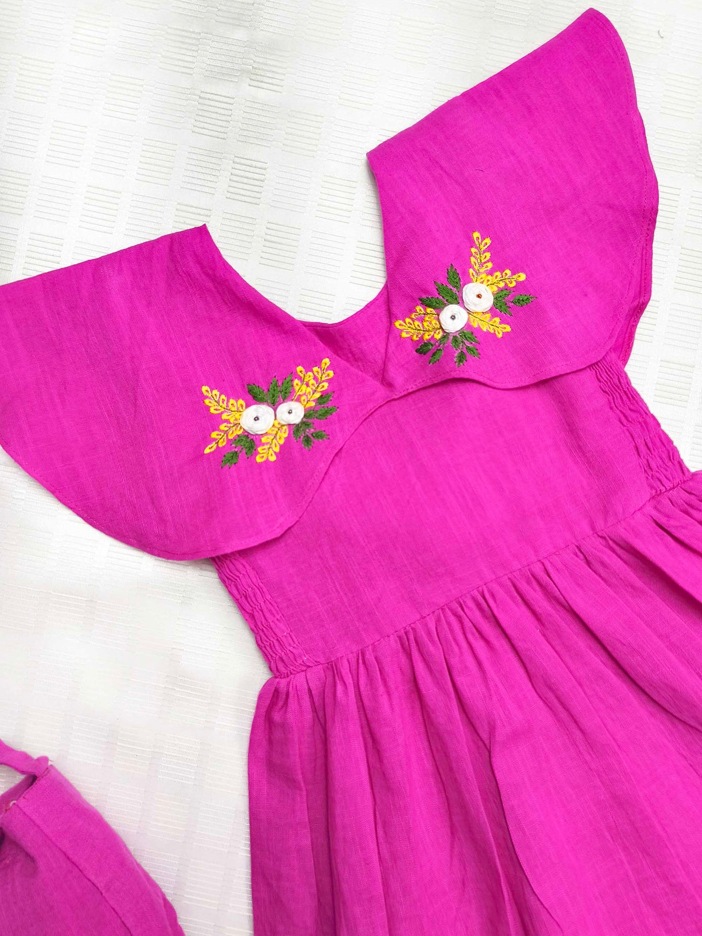 Pink Cotton Slub Hand Embroidered Dress