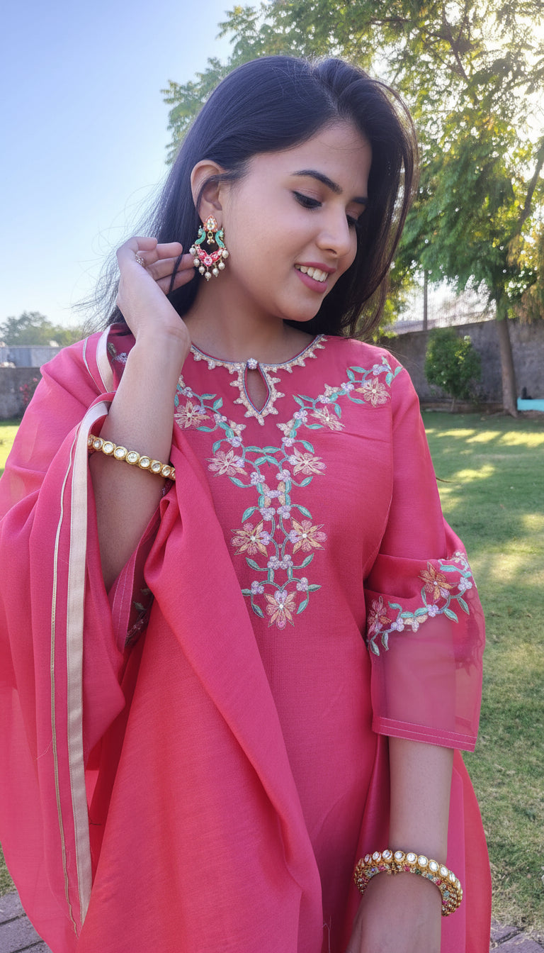 Pink organza patched multicolor Chanderi suitset