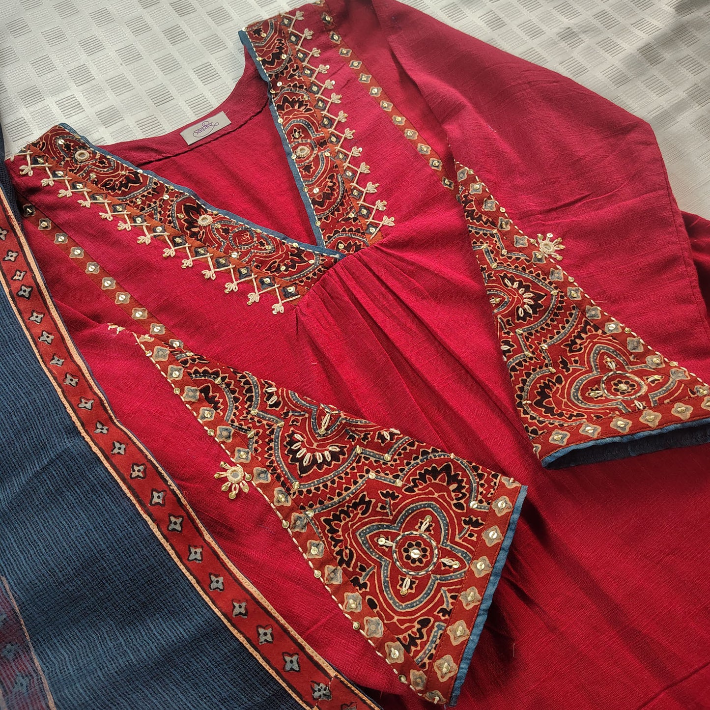Red Cotton Slub Ajrakh Applique Suitset