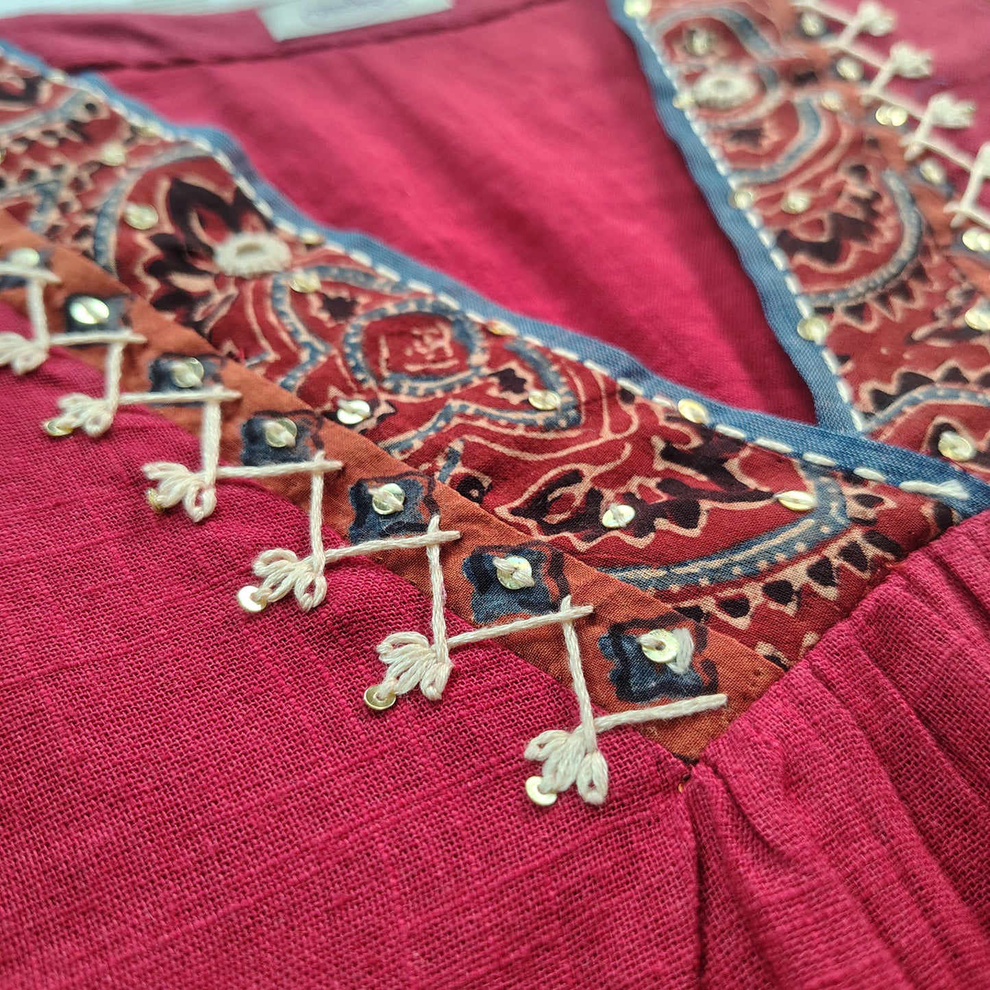 Red Cotton Slub Ajrakh Applique Suitset