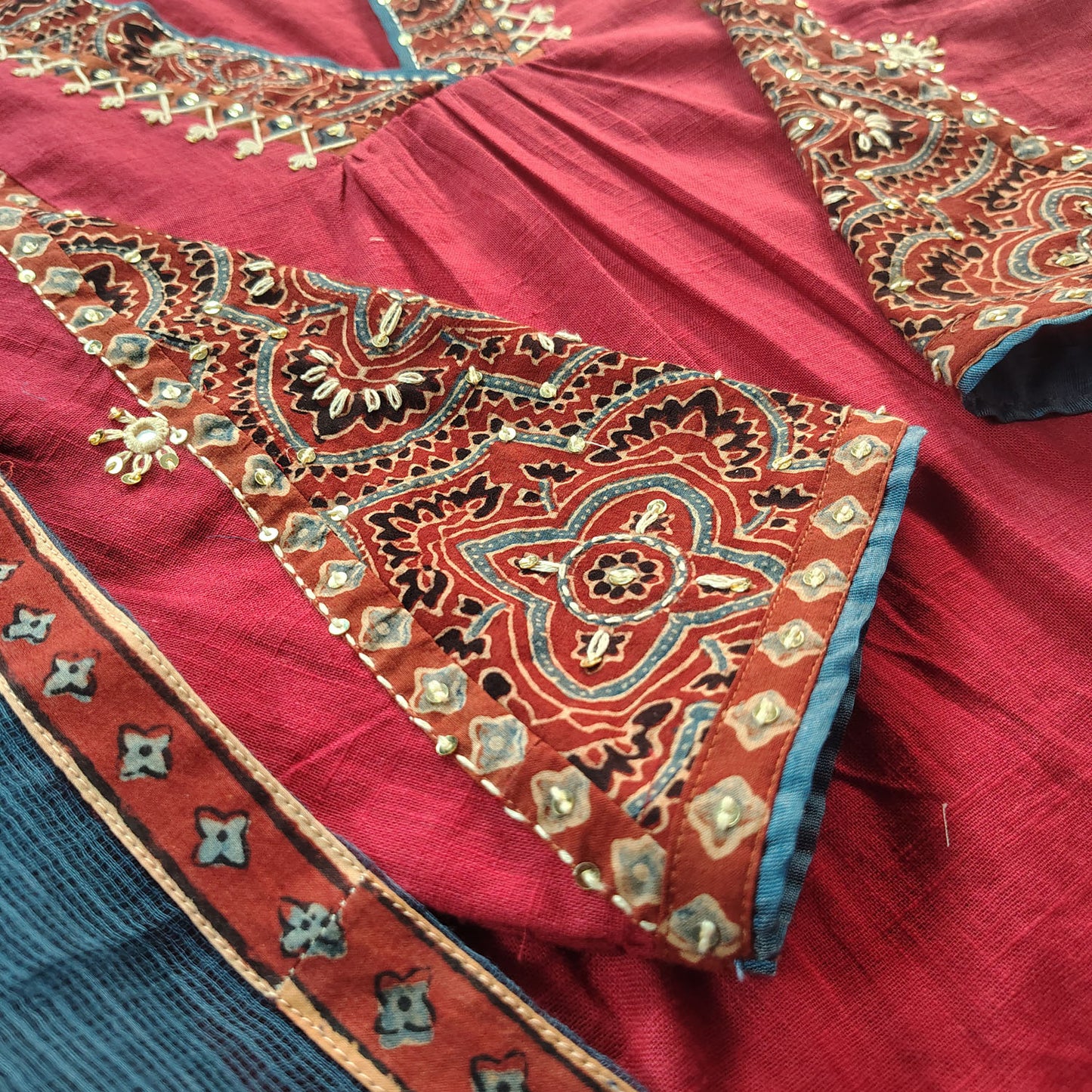 Red Cotton Slub Ajrakh Applique Suitset