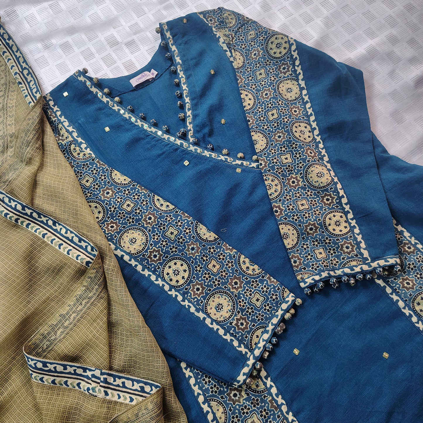 Blue Ajrakh Patch Work Cotton Kurta Suitset