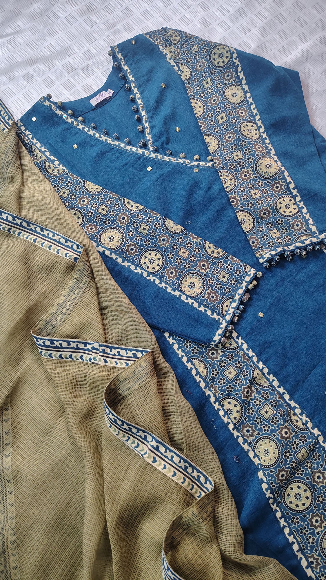 Blue Ajrakh Patch Work Cotton Kurta Suitset