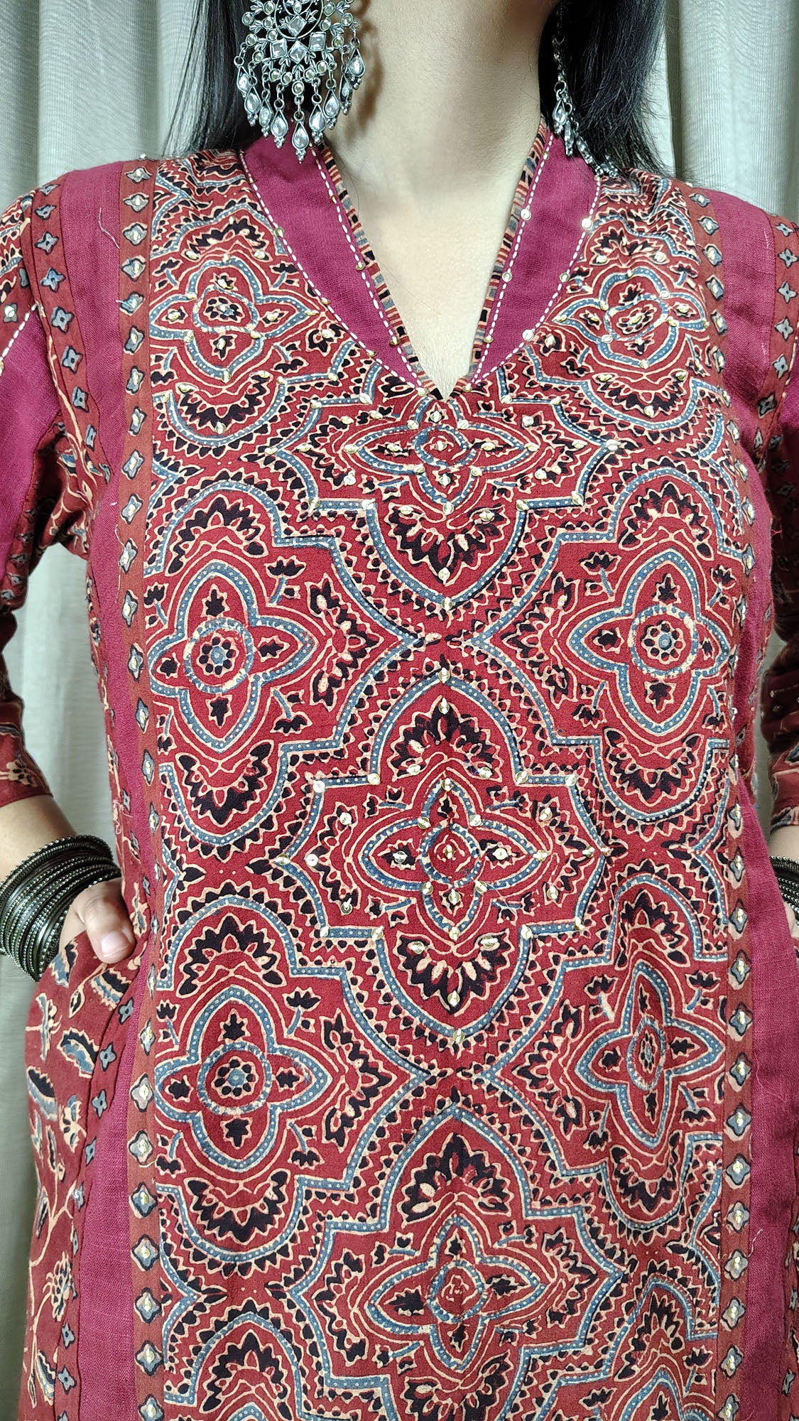 Red Ajrakh Patch Work Cotton Suitset
