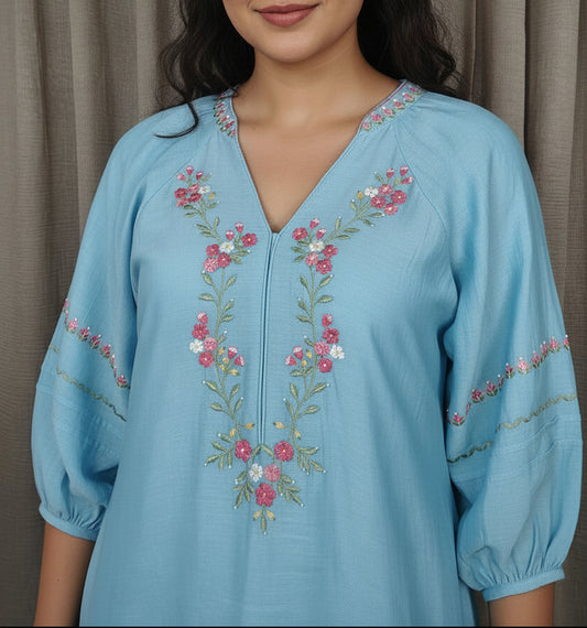 Pastel Blue silk floral embroidered kurta and pant