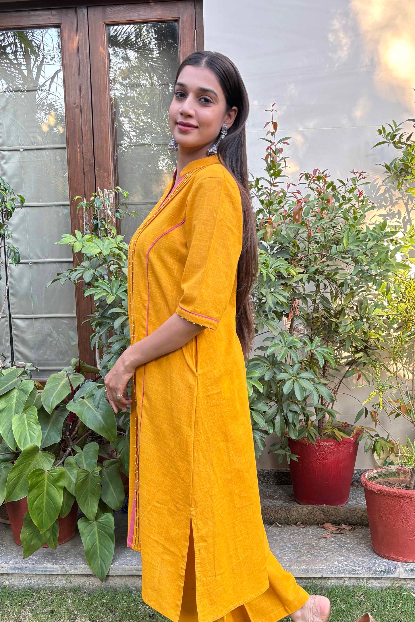 Mustard Cotton Slub Beaded Kurta