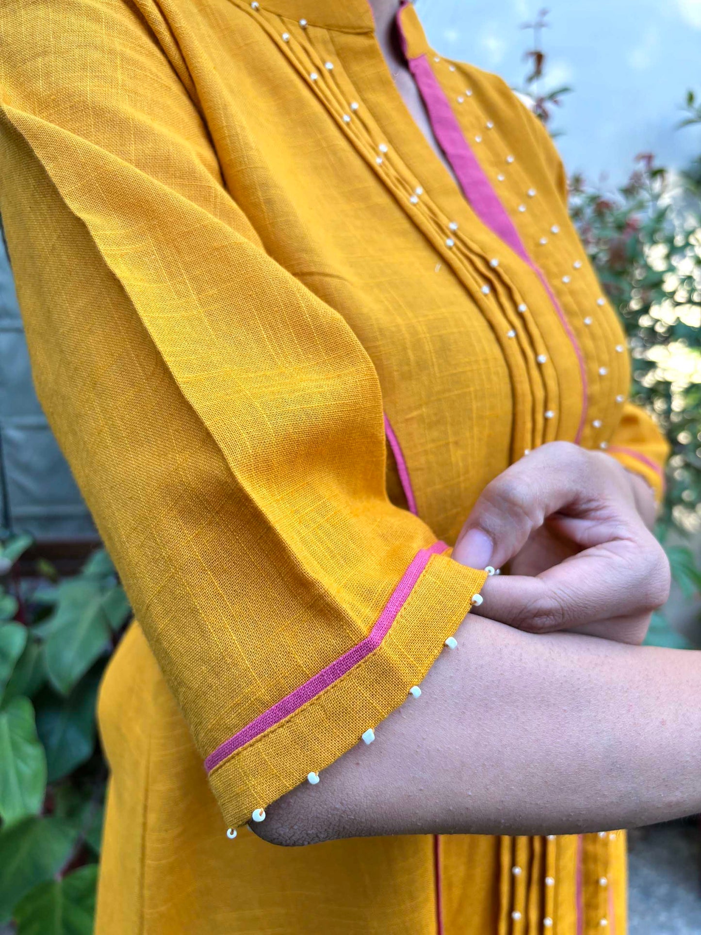 Mustard Cotton Slub Beaded Kurta