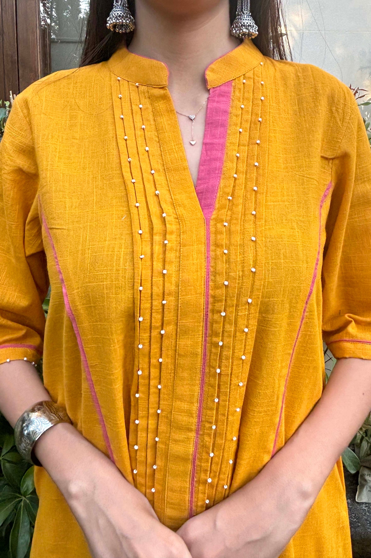 Mustard Cotton Slub Beaded Kurta