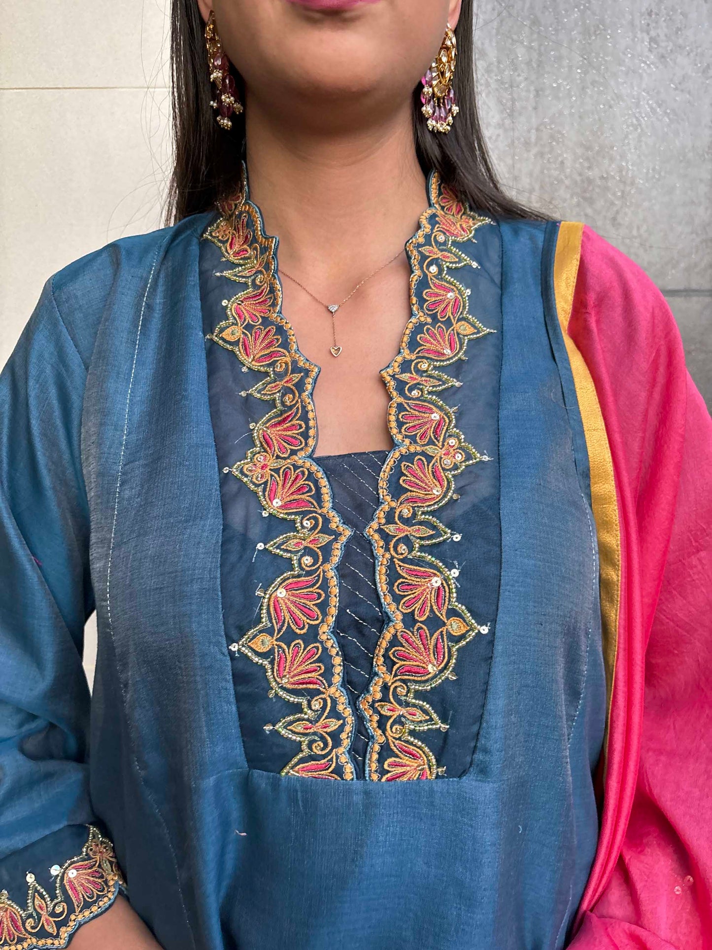 Blue Embroidered Chanderi Silk Suit Set