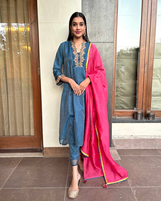 Blue Embroidered Chanderi Silk Suit Set