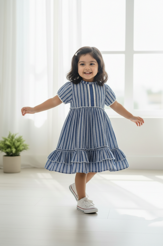 Blue Stripe Cotton Dress For Kids
