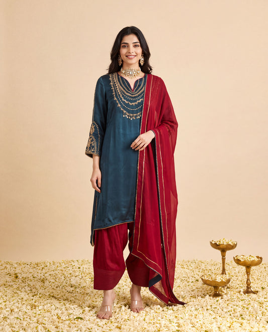 Teal Blue Modal Satin suit with Farshi salwar set and Marron Georget Dupatta