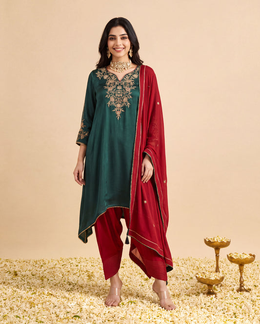 Green Modal Satin suit with Farshi salwar set and Marron Georget Dupatta