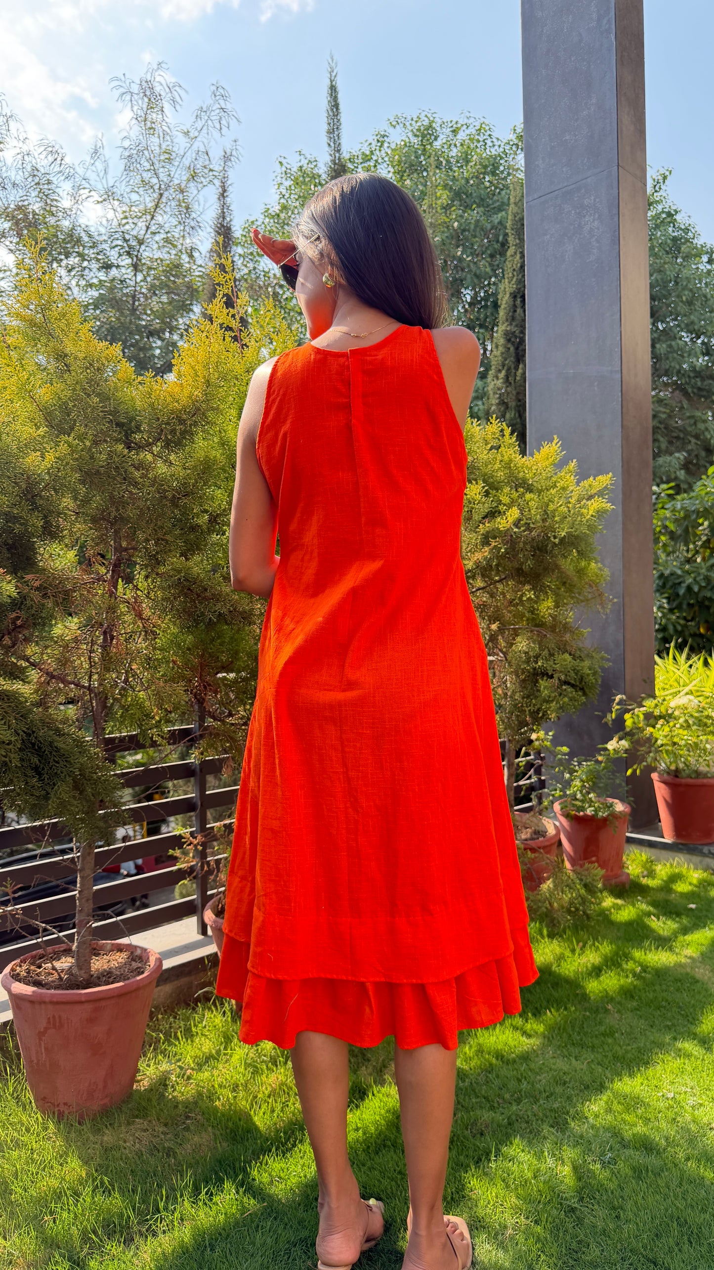 Orange Beaded Cotton Dress