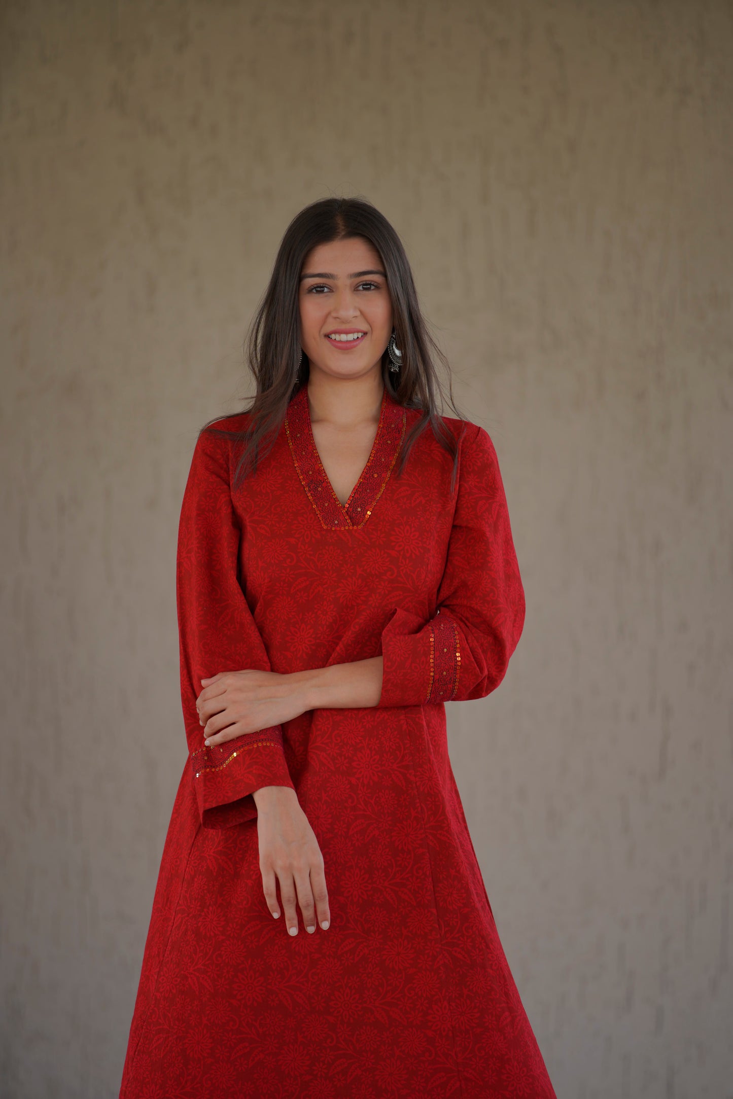 Red Bagh Print Kurta/Dress with sequence embellishment