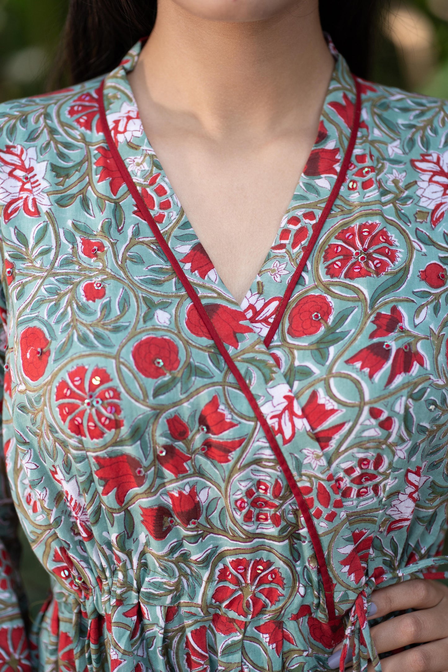 Green Sequence Embellished Wrap Dress