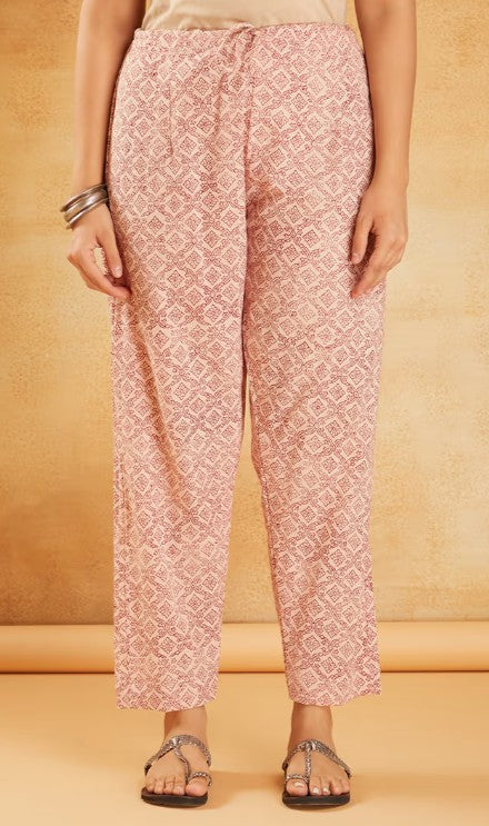 Red White Hand Block Printed Cotton Tunic with Pants - Set of 2
