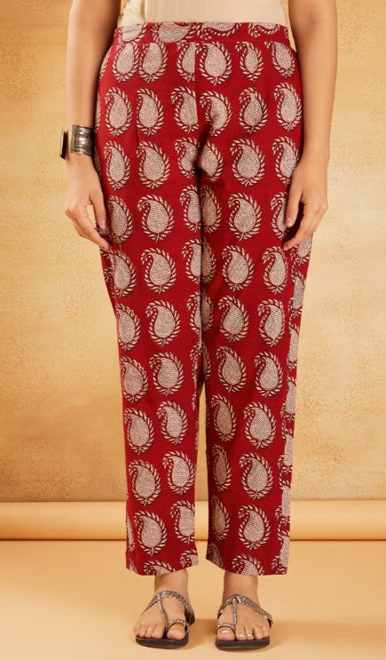 Red Hand Block Printed Cotton Tunic with Pants - Set of 2