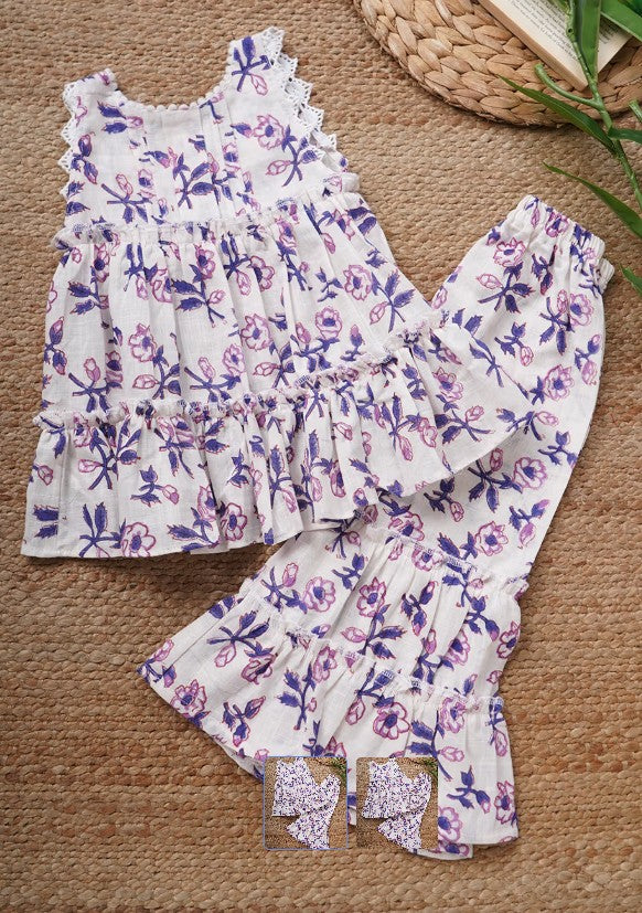 White Purple Hand Block Printed Cotton Kurta with Pants- Set of 2