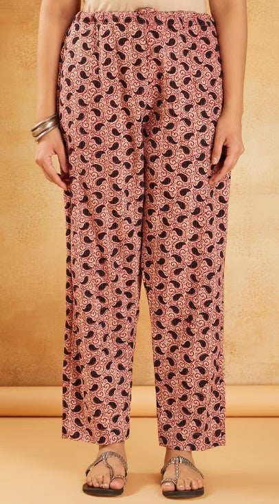 Red White Hand Block Printed Cotton Tunic with Pants - Set of 2