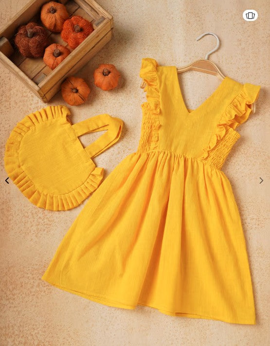 Yellow Cotton Slub Silk Thread Embroidered Dress