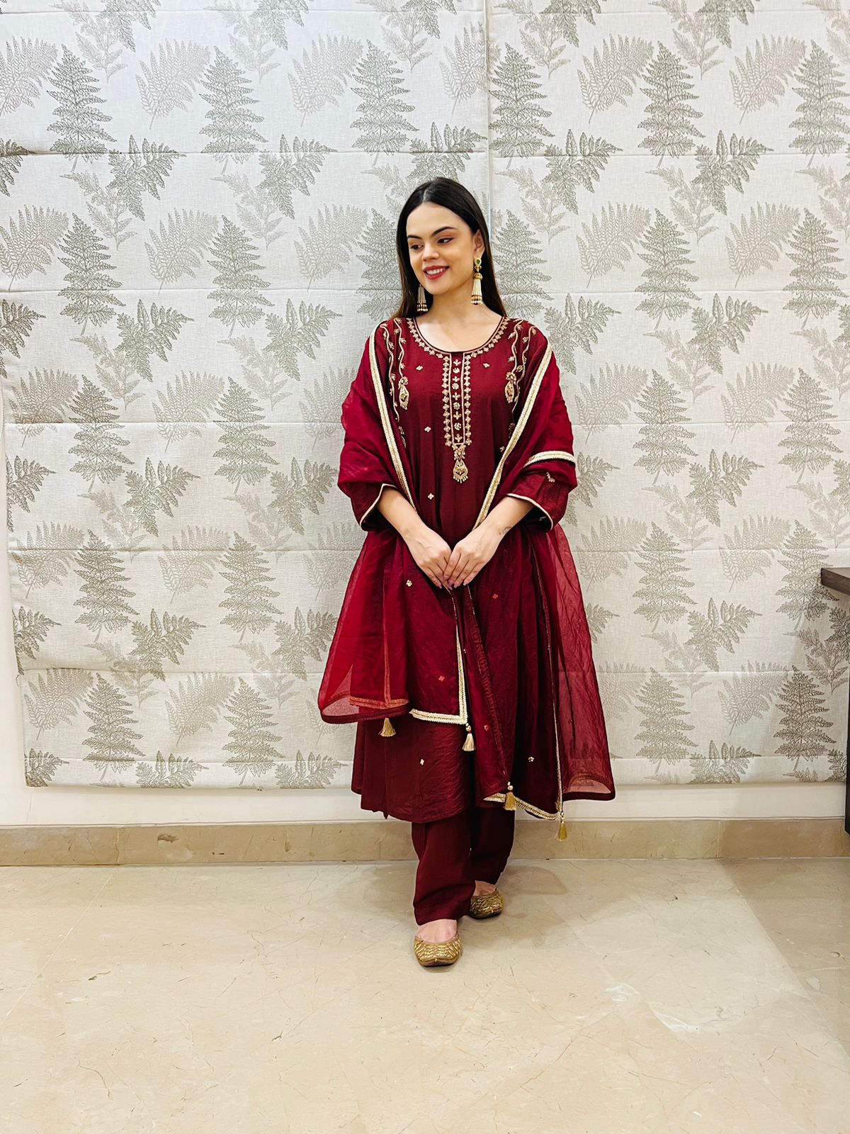 Chanderi Golden Hand Embroidered Suit Set