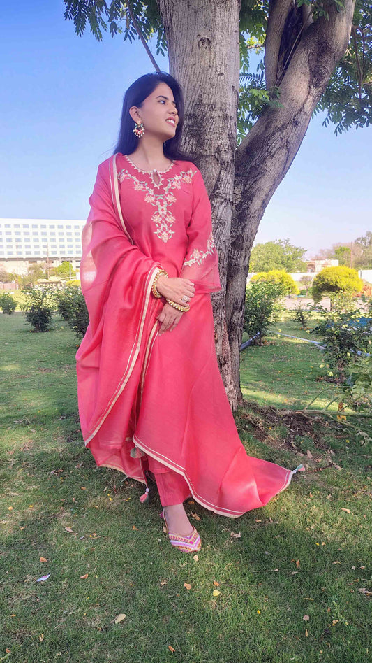 Pink organza patched multicolor Chanderi suitset