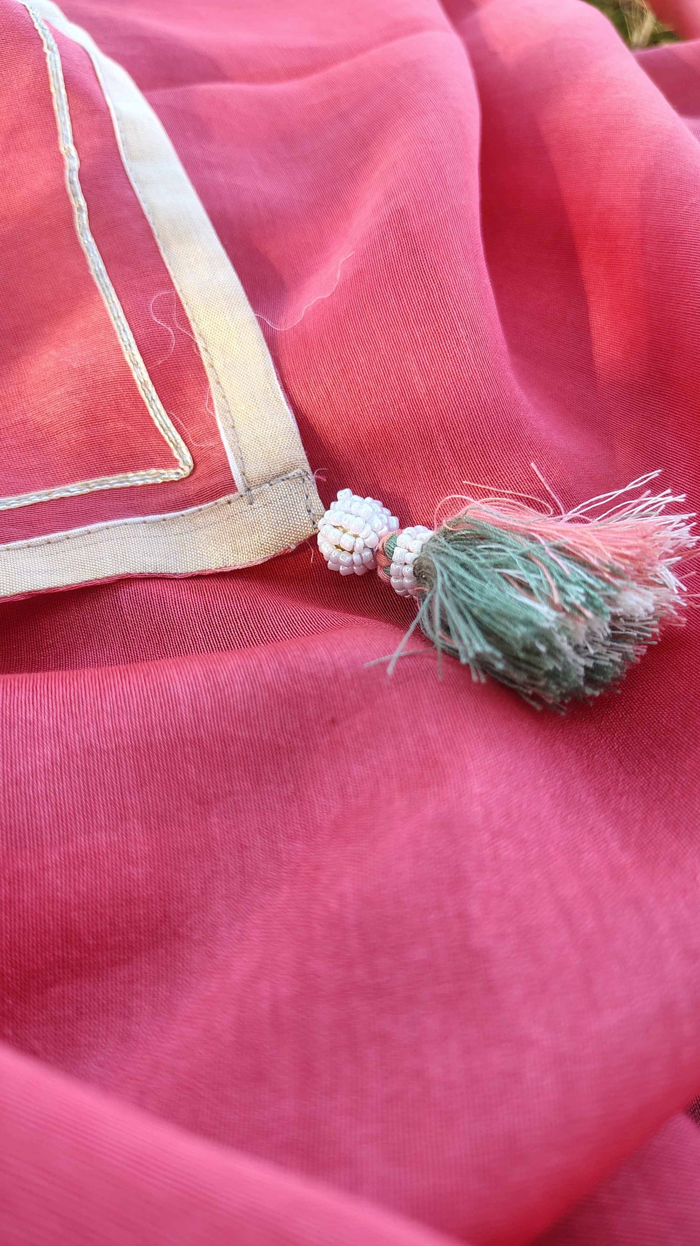 Pink organza patched multicolor Chanderi suitset