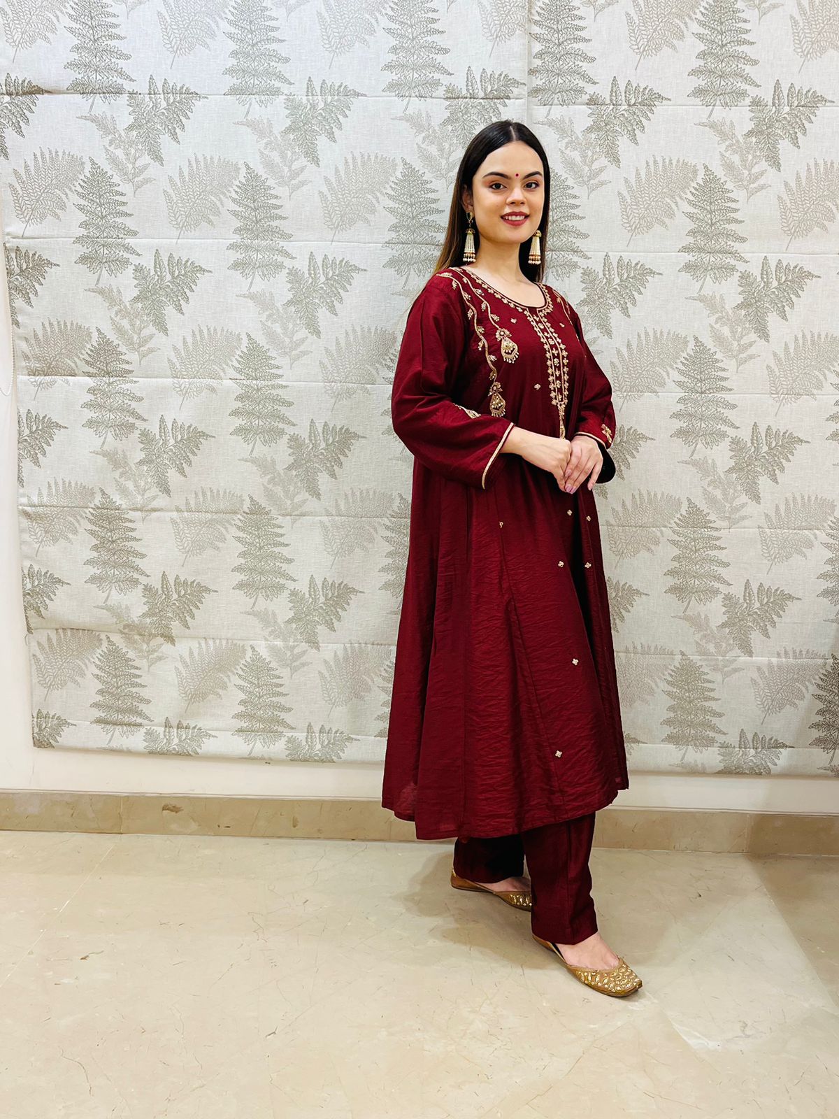 Chanderi Golden Hand Embroidered Suit Set
