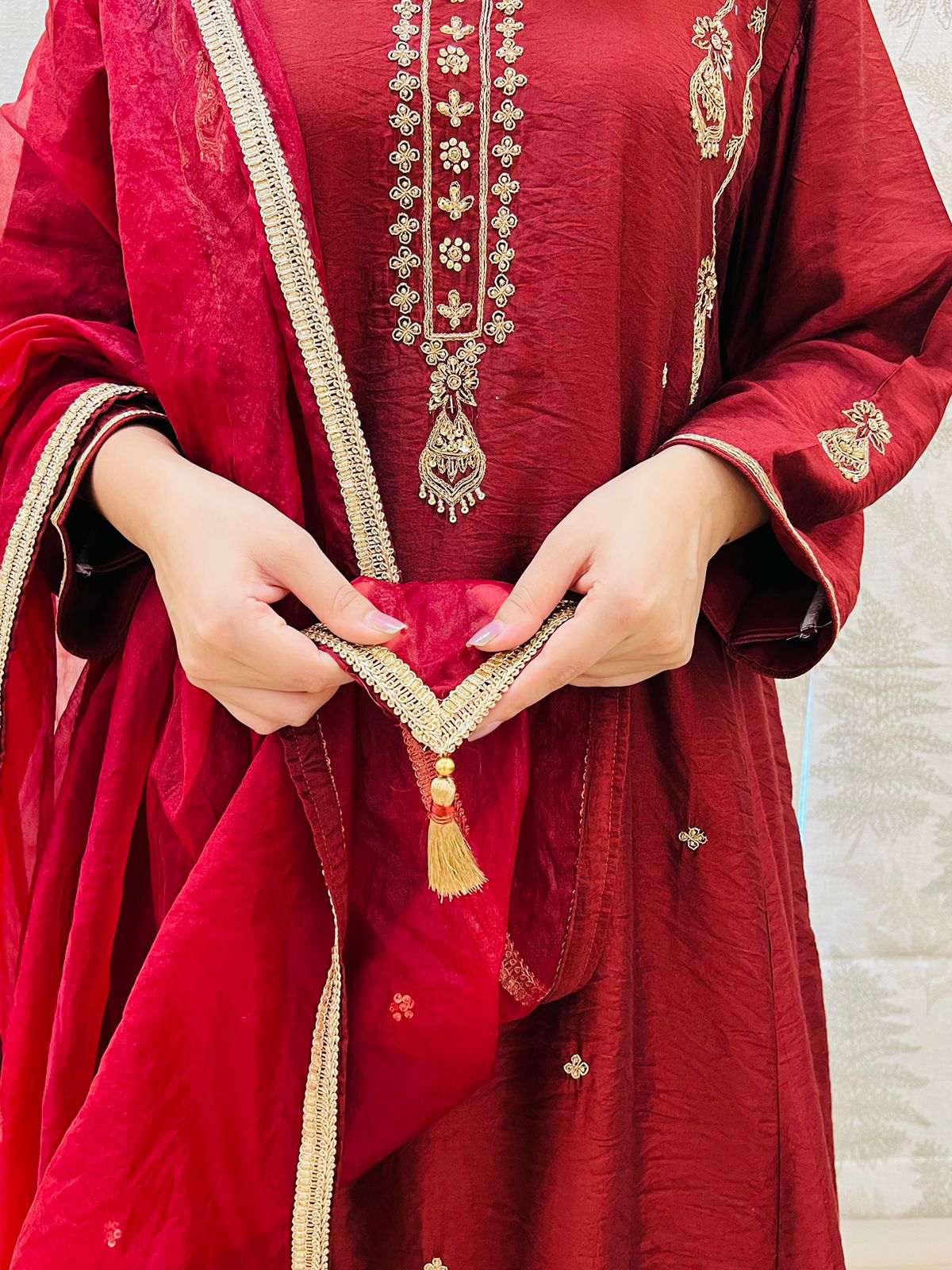 Chanderi Golden Hand Embroidered Suit Set