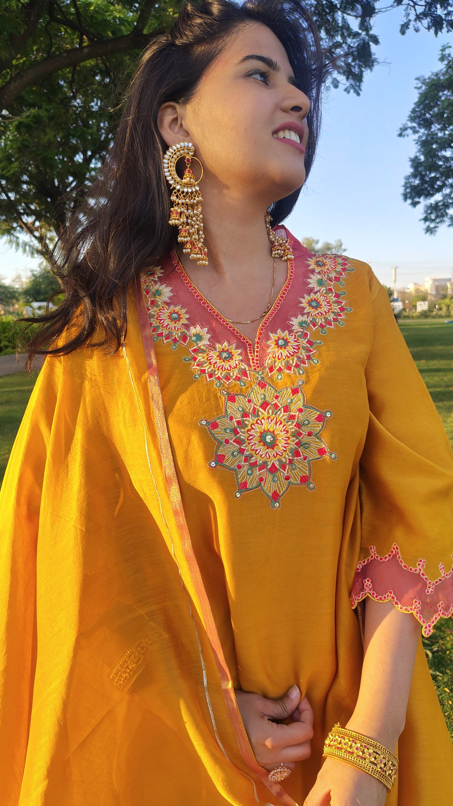 Mustard Chanderi Silk Embroidered Suit Set