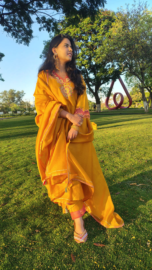 Mustard Chanderi Silk Embroidered Suit Set