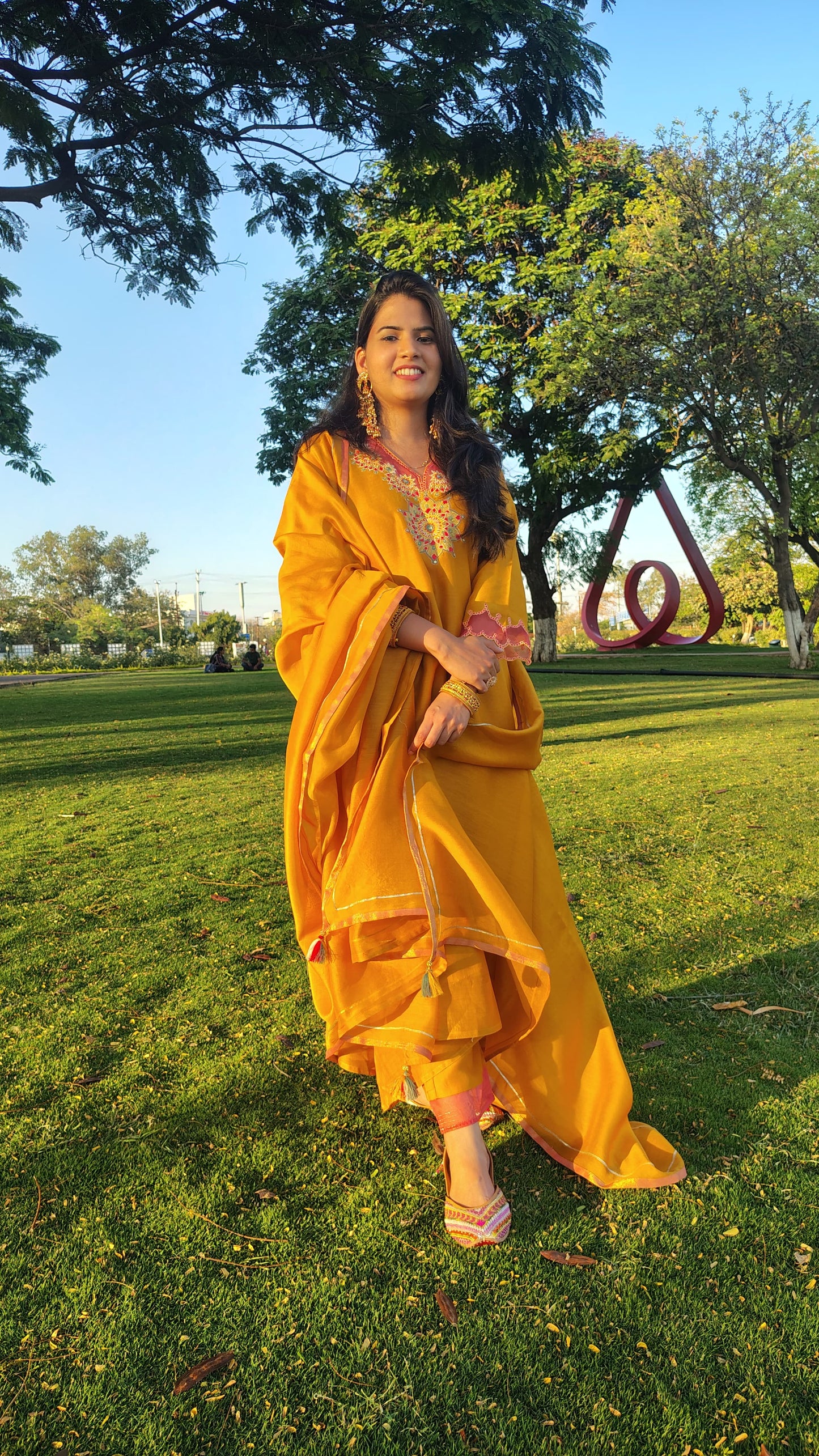 Mustard Chanderi Silk Embroidered Suit Set