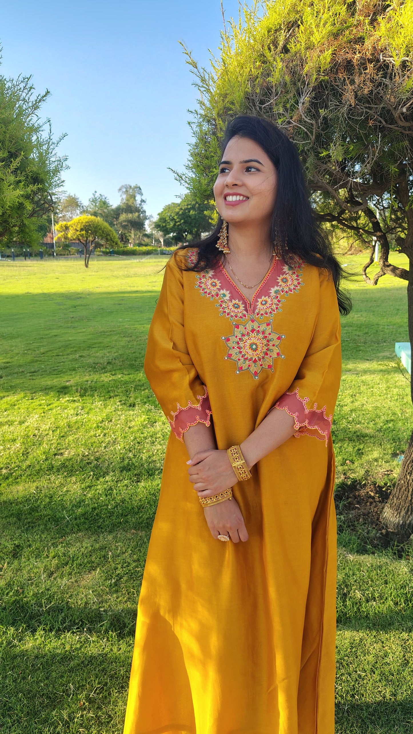 Mustard Chanderi Silk Embroidered Suit Set