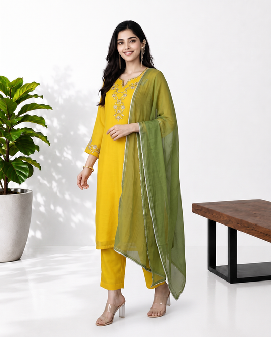 Yellow Green Mul Chanderi Suitset