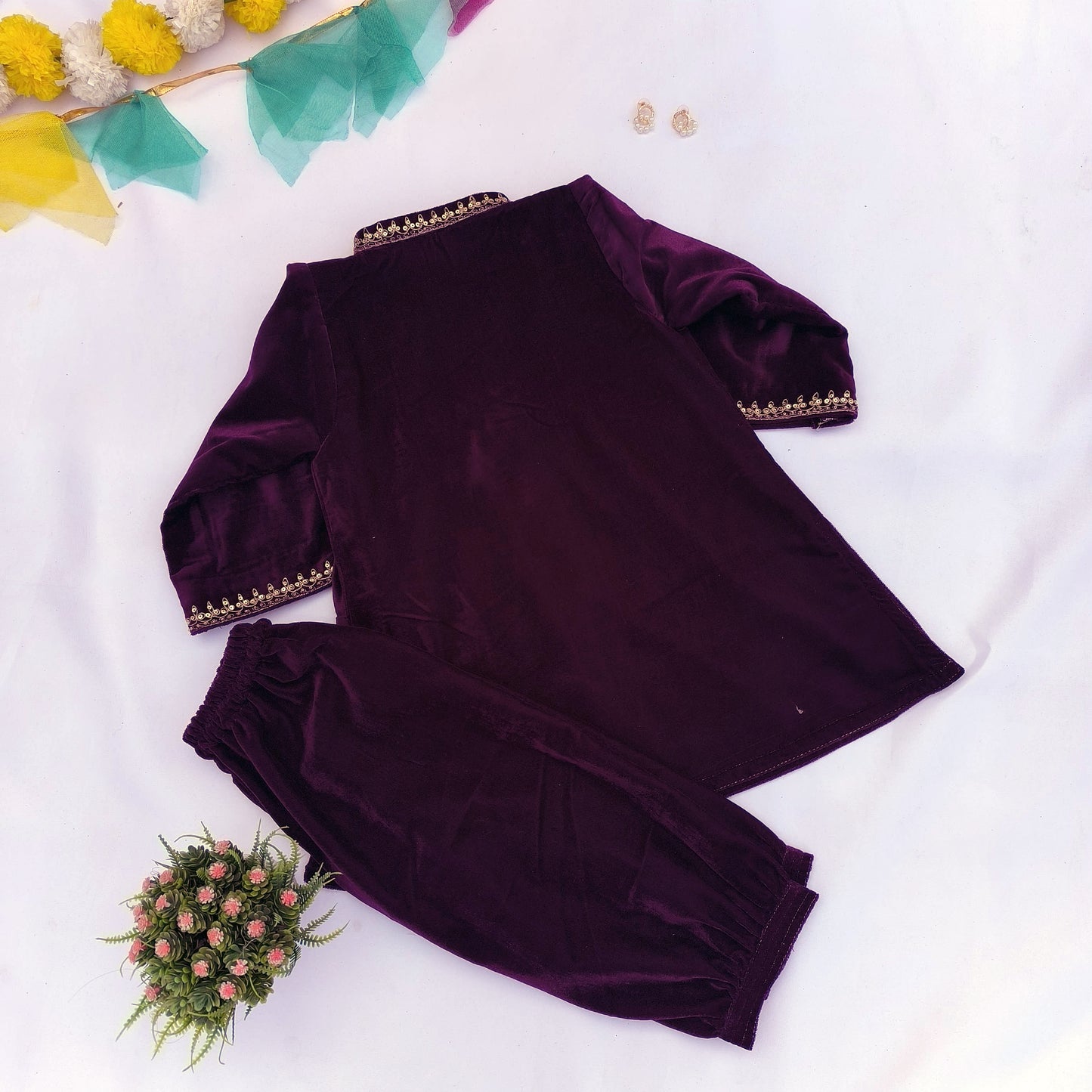 Purple Velvet Buti Print Kurta for Girls