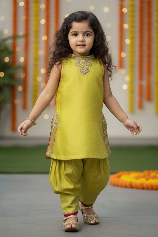 Young girl in a yellow Chanderi outfit standing in front of decorative lights and flowers.