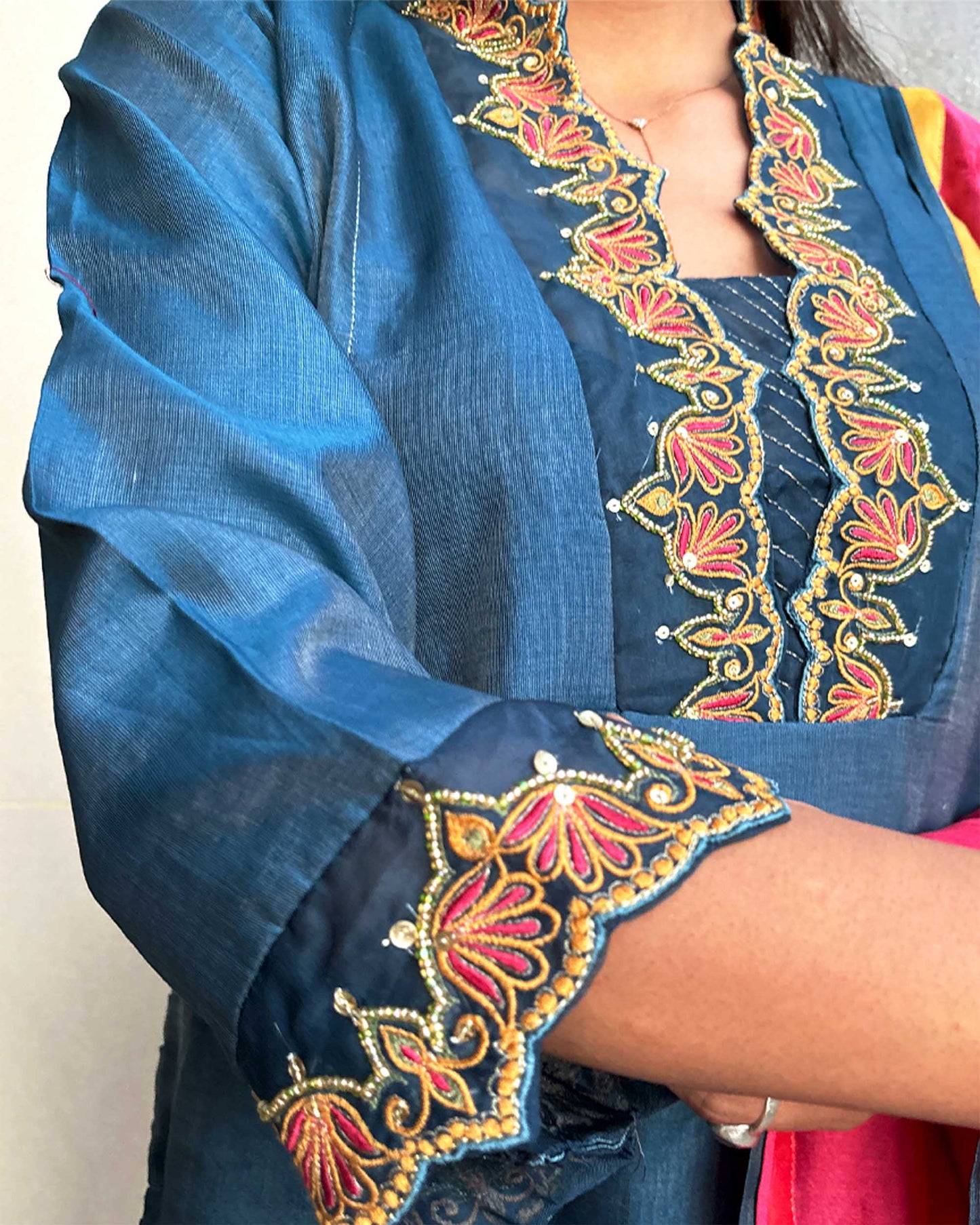 Blue Embroidered Chanderi Silk Suit Set