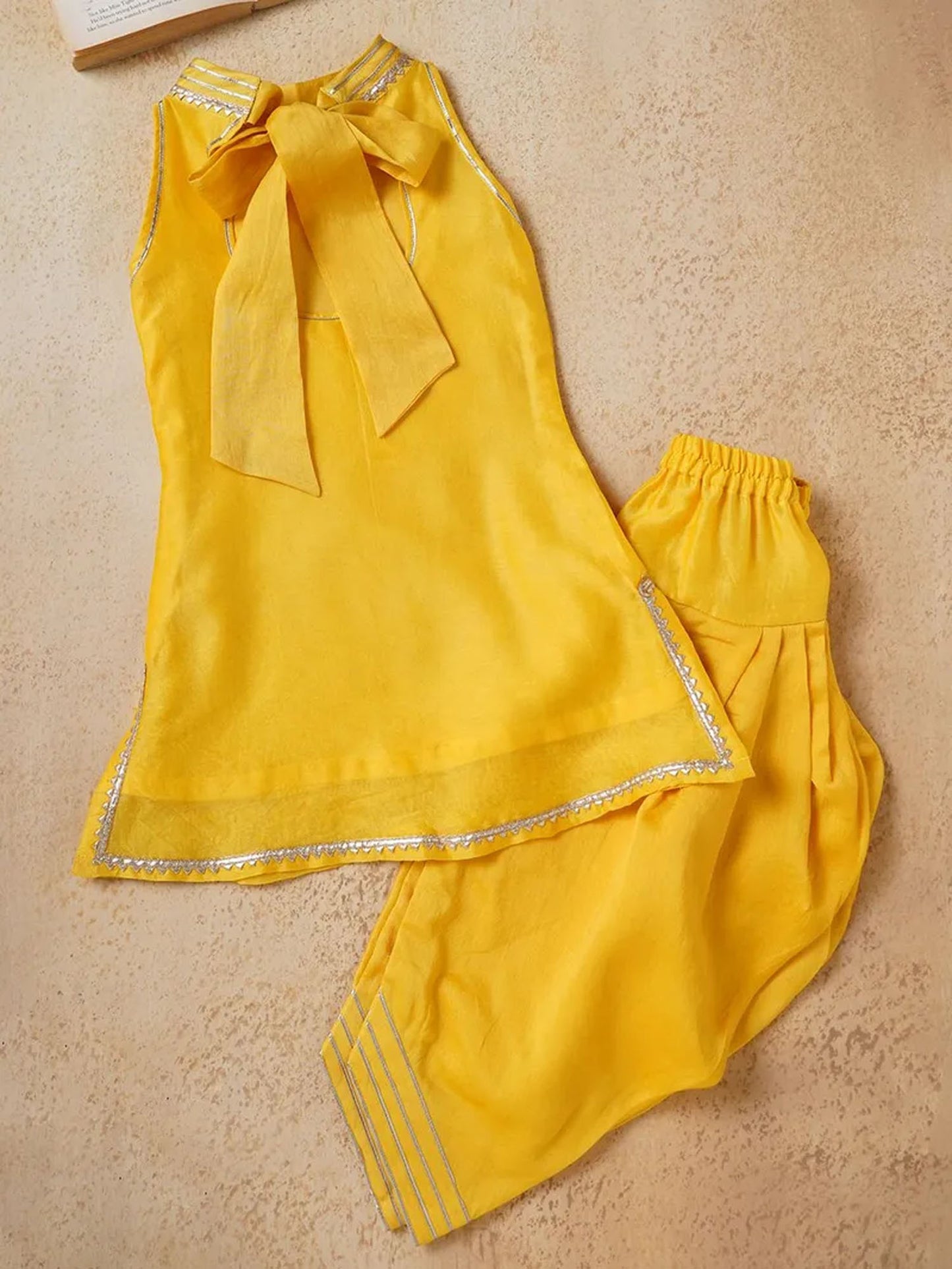 Yellow Lace Work Chanderi Kurta with Dhoti Pants- Set of 2