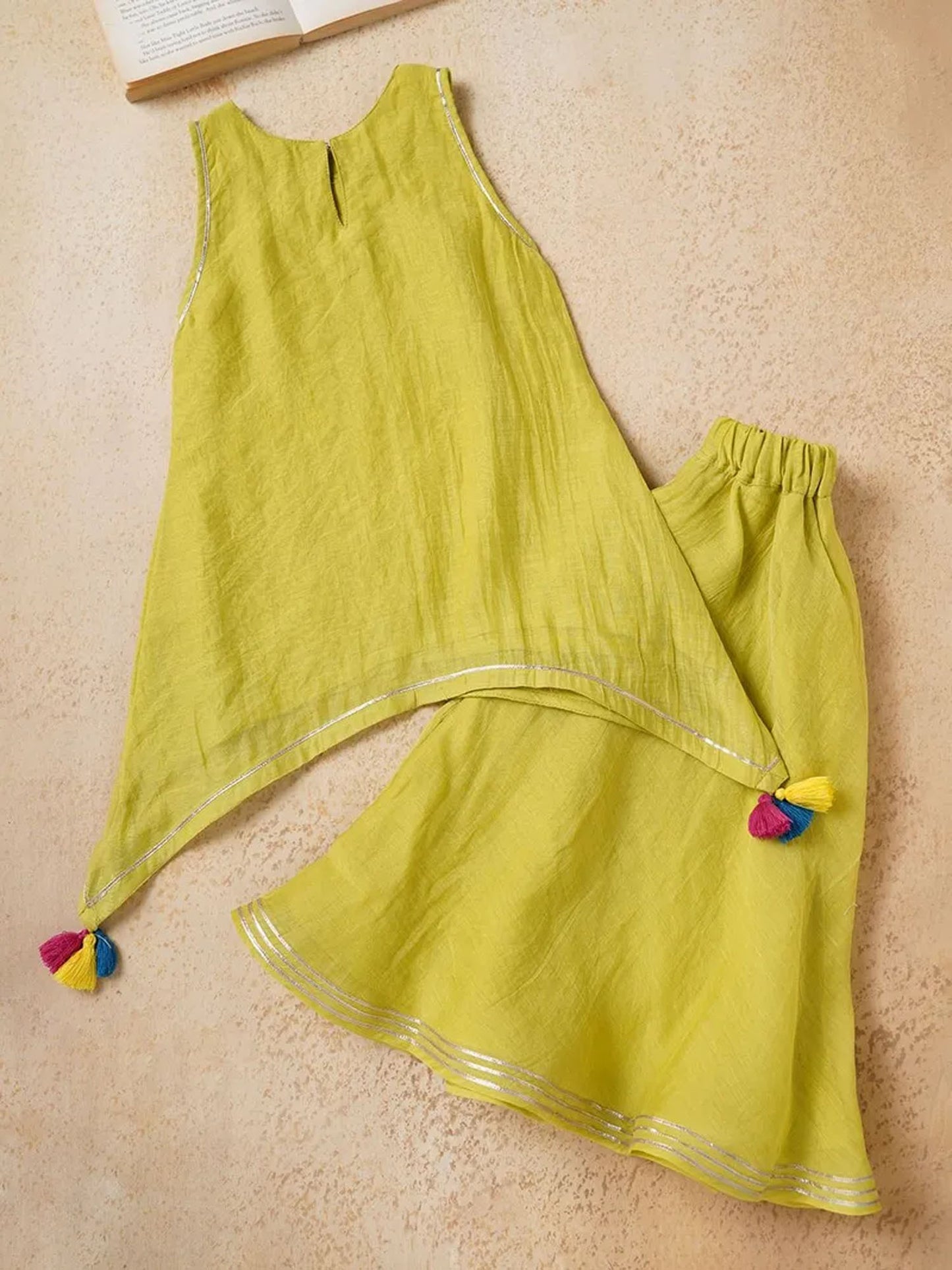 Lime Green Lace Work Chanderi Kurta with Palazzo- Set of 2