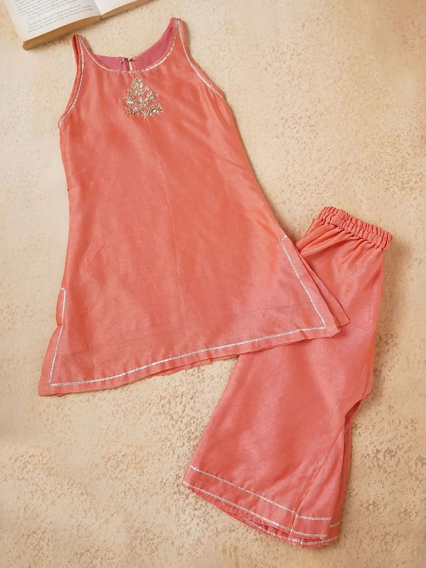 Orange Embroidered Chanderi Suit- Set of 3